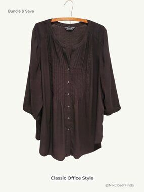 Lands’ End Pintuck Blouse – Black Button Front, Size 3X (24W/26W)